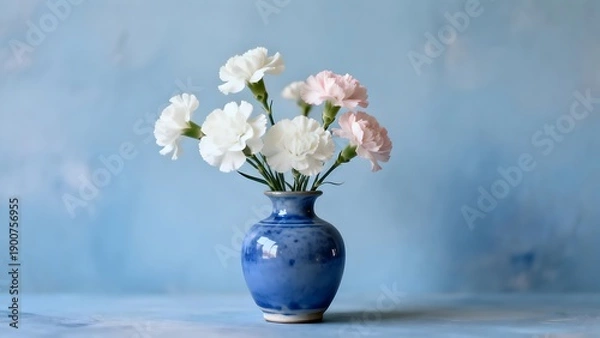 Obraz WhiteAndPinkCarnationsInBlueVase