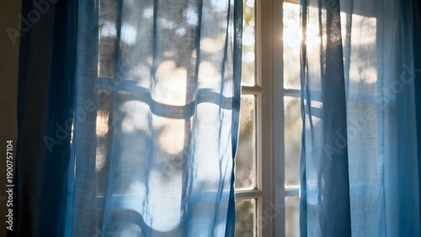 Obraz SunlitWindowBlueCurtains