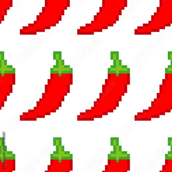 Obraz Seamless pattern with 8 bit retro red chili pepper pixel art.