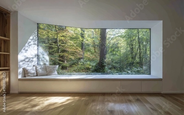 Obraz Window seat views forest; nature-filled interior