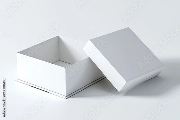 Obraz Open, white square box with lid on a white surface, casting a soft shadow