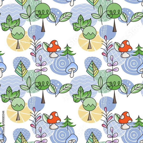 Fototapeta Seamless pattern in scandinavian style with cute tree and leaves