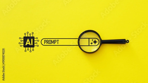 Obraz AI Search Optimization Concept with Prompt Analysis, Artificial Intelligence Search Engine, Generative AI Query, Machine Learning Technology, SEO Strategy and Data Discovery on Yellow Background