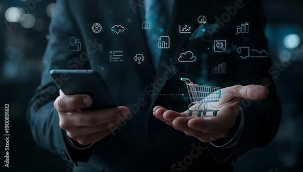 Obraz Businessman using smartphone for modern e-commerce shopping experience