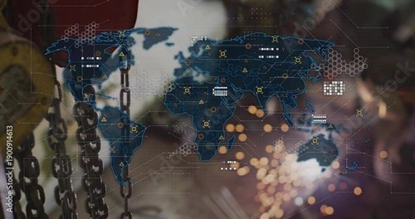 Obraz Displaying translucent world map overlay in workshop, with hanging chains, strap and sparks
