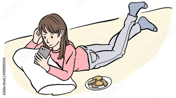 Obraz スマホを見ながら寝そべっている女性　イラスト