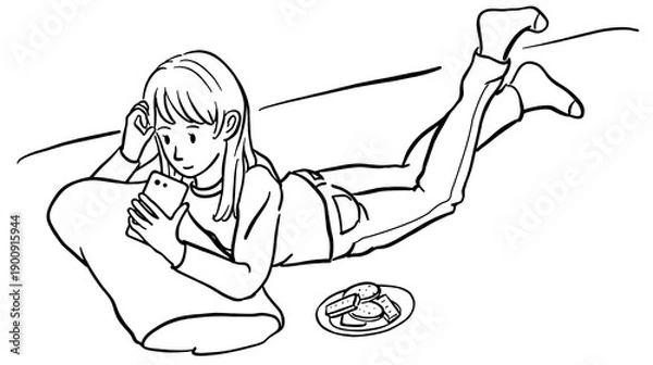 Obraz スマホを見ながら寝そべっている女性　線画