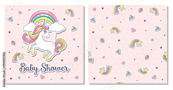 Fototapeta Baby Shower card with unicorn. Vector illustration.