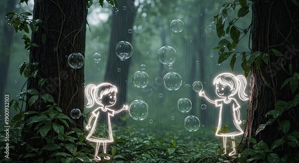 Obraz Enchanted forest scene with glowing figures and floating bubbles