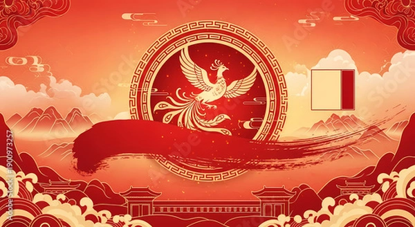 Obraz 見事な鳳凰が優雅に舞う！伝統的な赤い背景が印象的なイラスト