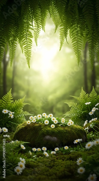 Obraz 美しい森林の中で、ひっそりと咲く白い花々が優雅に輝いている。