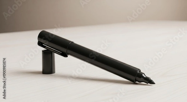 Obraz Black marker pen with cap on white surface.