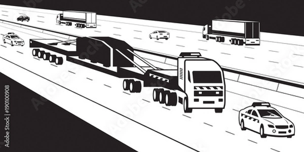 Fototapeta Heavy duty truck with pilot cars on highway - vector illustration