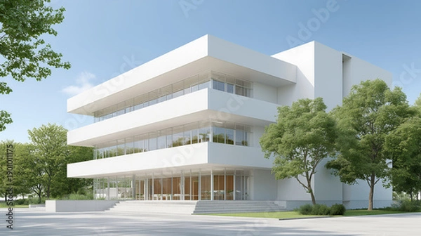 Obraz 白い外壁とガラス窓が特徴のモダンなミニマル建築の外観
