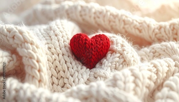 Obraz Cozy Knitted Heart Pattern on Cream Wool Background