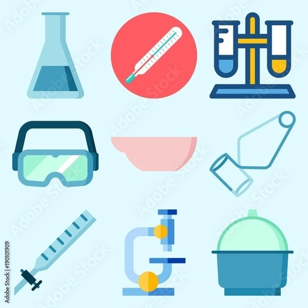 Fototapeta Icons set about Laboratory with crucible, secure glasses, evaporatior dish, microscope, separator funnel and thermometer