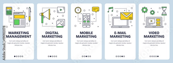 Obraz Wektor nowoczesny cienka linia marketingowa koncepcja zarządzania banerów internetowych zestaw