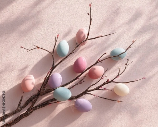 Obraz A tree branch decorated with Easter eggs on a soft pink background
