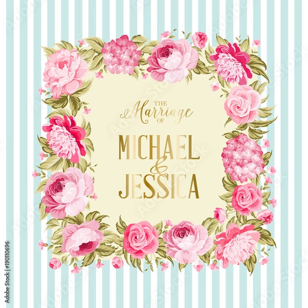 Fototapeta The marriage card. Wedding invitation card template. Frame of red flowers in vintage style. Marriage invitation card with custom sign and flower frame over tile blue background. Vector illustration.