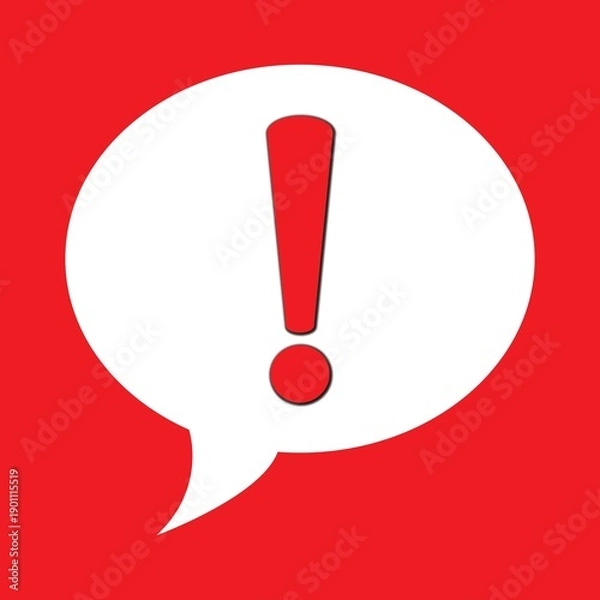 Obraz Bright red exclamation mark inside a white speech bubble on a solid red background symbolizing important warning or announcement