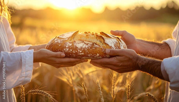 Obraz Hands breaking bread together, rustic and intimate moment