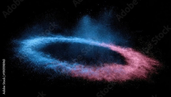 Obraz Two colored powder clouds explode in an oval shape against a black background
