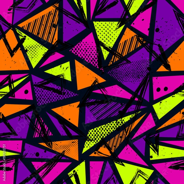 Fototapeta Abstract seamless sport pattern for girls, boys, clothes. Creative vector sport pattern with dots, geometric figures,stripes inscriptions. Funny sport pattern for textile and fabric. Fashion style.