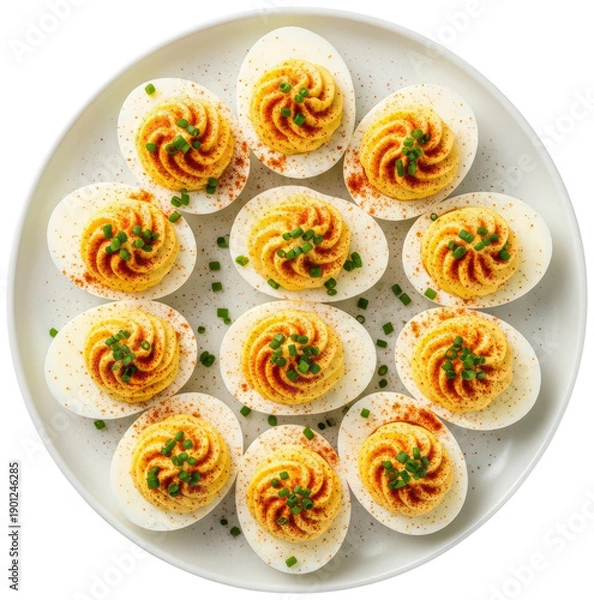 Obraz Deviled eggs with paprika and chives on white plate