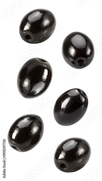Obraz Falling black olives isolated on transparent background