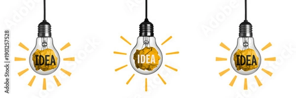 Fototapeta Three light bulbs with idea text inside isolated on transparent background