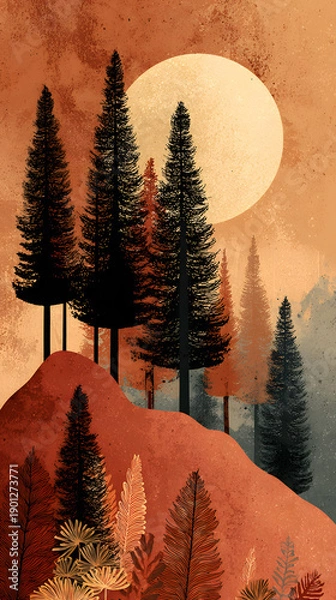 Obraz Red Pines Under Full Moon