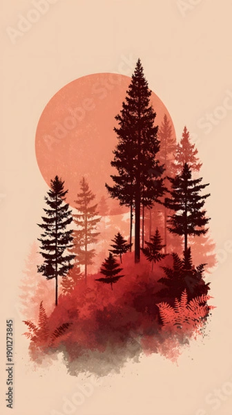 Obraz Red forest landscape with rising sun