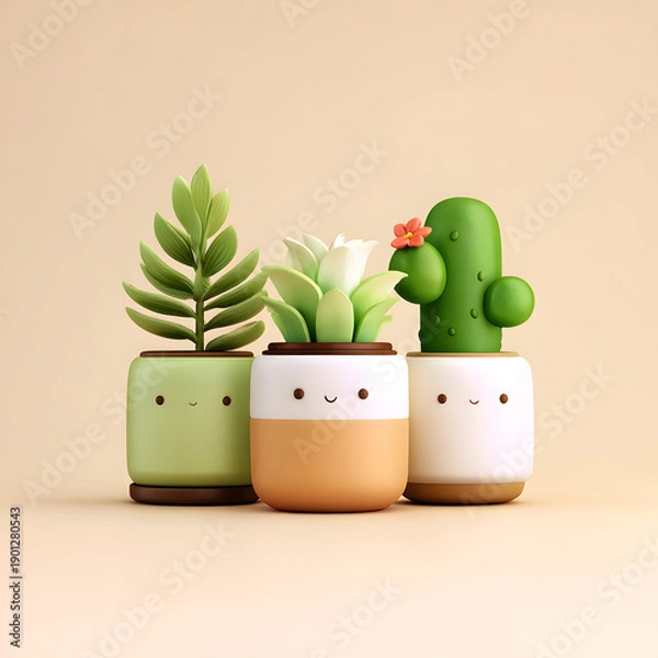 Obraz Minimalist Cute Plants with Smiling Faces