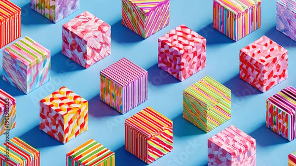 Obraz Colorful Patterned Cubes on Blue Background