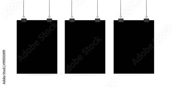 Fototapeta Three blank posters with binder clip mockup on white background. Poster or paper sheet template. 3D rendering illustration