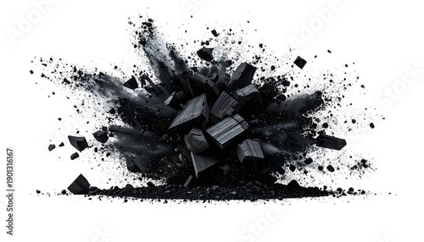 Obraz A dark, dynamic depiction of a black material exploding against a black background
