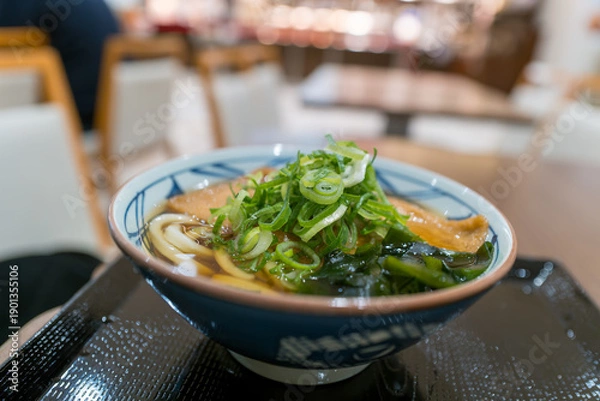 Obraz きつねうどんのアップ、ねぎとわかめ添え（和食・背景ボケ）