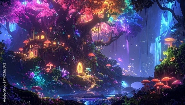 Obraz Enchanted Forest with Glowing Tree and Magical Light