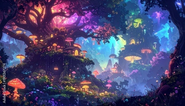 Obraz Colorful Enchanted Forest with Glowing Path and Trees