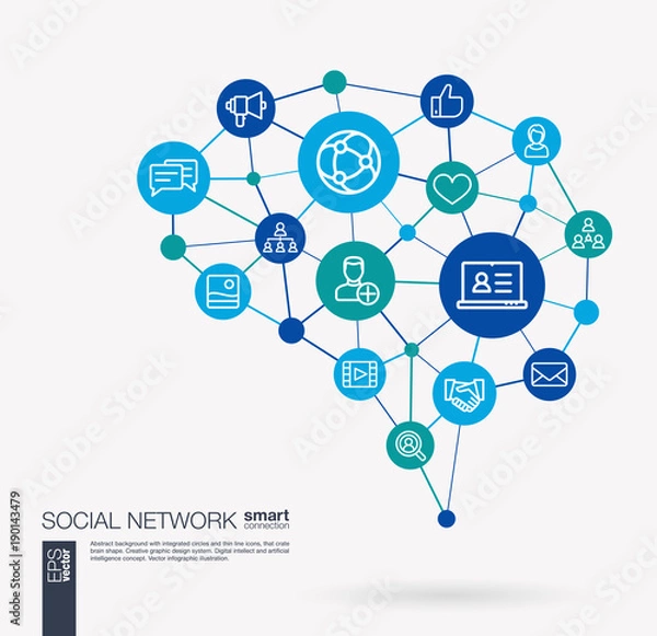 Fototapeta AI creative think system concept. Digital mesh smart brain idea. Futuristic interact neural network grid connect. Society, social media, global people communication integrated business vector icons.