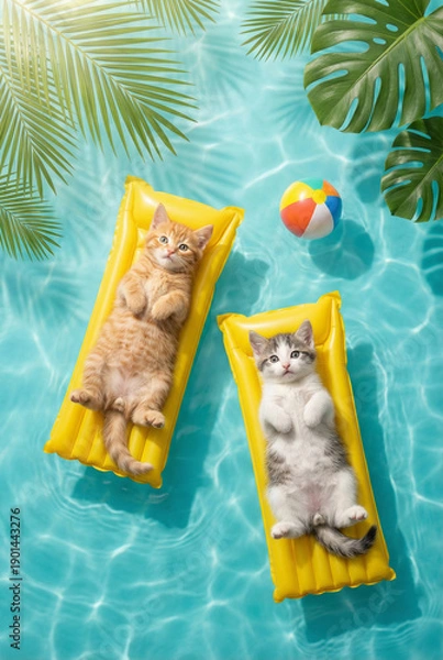 Obraz Playful Kittens in Pool with Inflatable Floaties