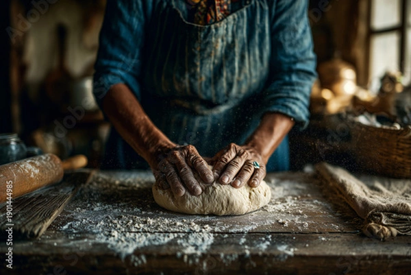 Fototapeta Baking bread in a rustic kitchen with skillful hands shaping dough