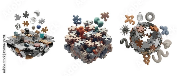 Obraz Three abstract 3D puzzle structures symbolizing complexity connection and problemsolving.
