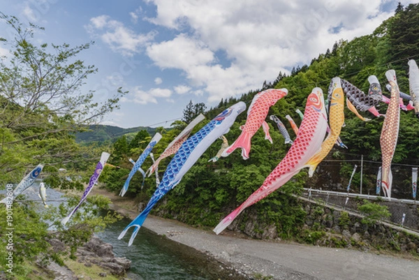 Obraz 日本：風になびく鯉のぼり【神流（かんな）川公園】群馬県神流町・5月