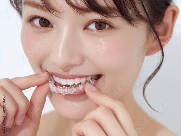 Obraz 透明なマウスピースを装着する若い女性の笑顔が歯列矯正と口元ケアを伝える瞬間