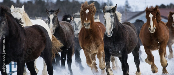 Fototapeta 冬に走る馬の群れ
