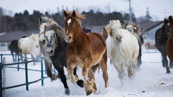 Fototapeta 冬に走る馬の群れ