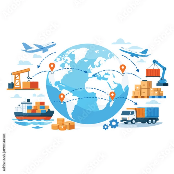 Fototapeta World map with logistics and transportation elements