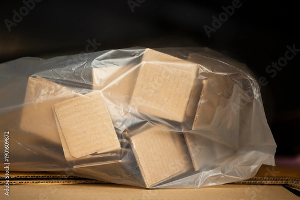 Obraz Cardboard boxes in a plastic bag 