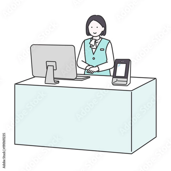 Obraz カウンター内で受付を担当するビジネス女性のイメージイラスト